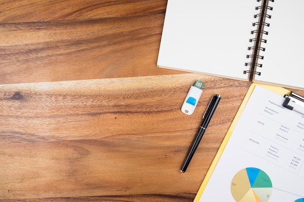 View from above of office supplies and   analyze business chart on a wooden working table background.