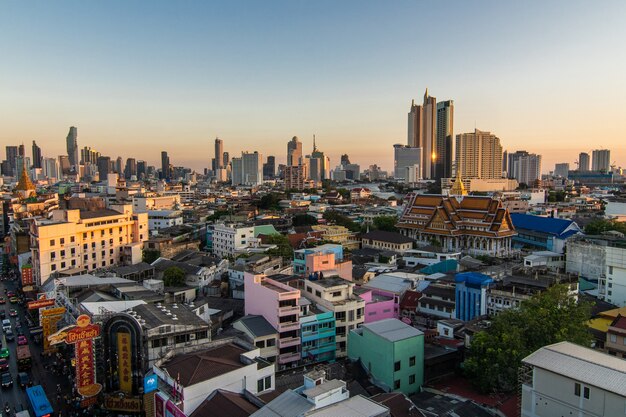 Above view from rooftop on China town in the middle of city Bangkok, Thailand