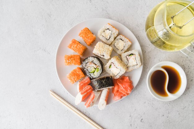 View from above sushi assortments plate