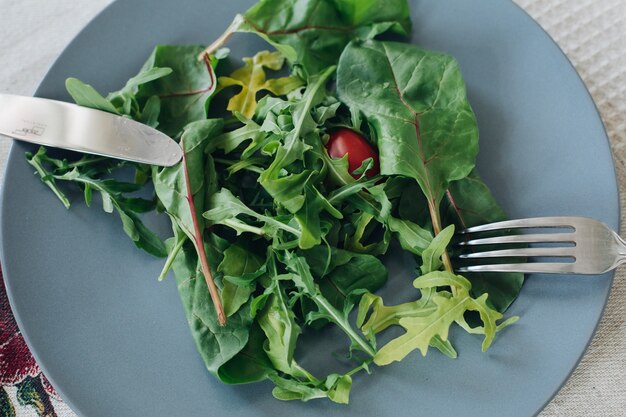 View from above of tomatoes and greens lying on plate