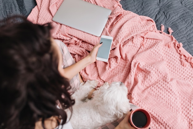 ピンクの毛布が付いているベッドの上の電話でチャット若いブルネットの女性の上からの眺め。家庭用ペットと一緒に自宅で身も凍るように。陽気な気分、前向きなリラックス