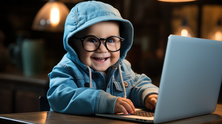 Free Photo view of funny baby with laptop