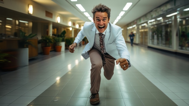View of funny businessman on hallway