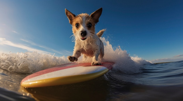 View of funny dog surfing