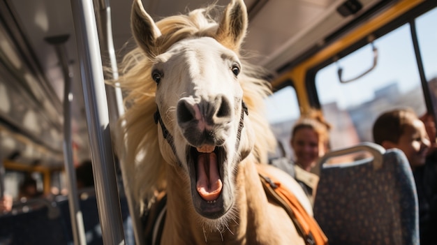 Foto gratuita vista di un cavallo divertente nei trasporti pubblici