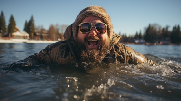 Free photo view of funny man in cold water