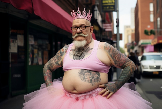 Free photo view of funny man in tutu skirt