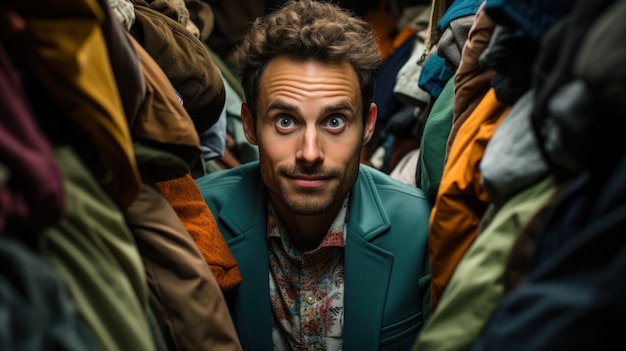 Free photo view of funny man with clothes in closet