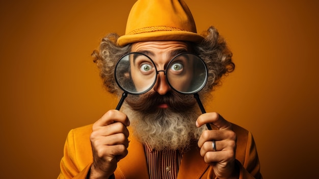 Free photo view of funny man with magnifying glass