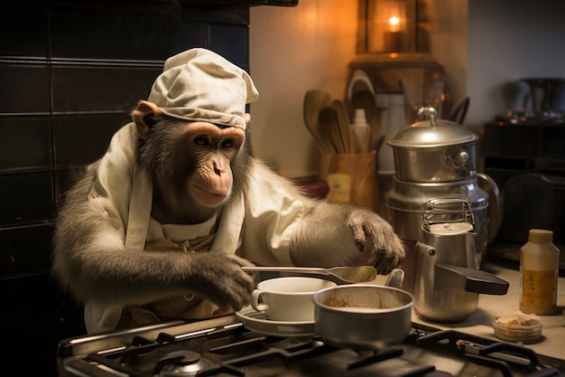 View of funny monkey cooking