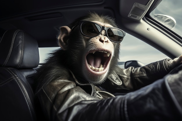 Free photo view of funny monkey driving car