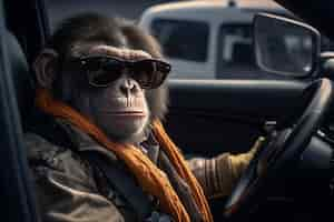 Free photo view of funny monkey driving car