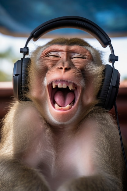 Free photo view of funny monkey listening to headphones