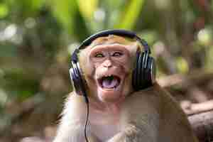 Free photo view of funny monkey listening to headphones