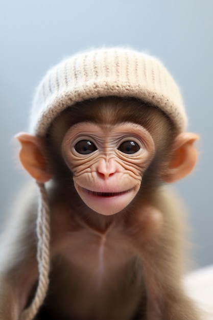 Вид смешной обезьяны с вязаной шляпой