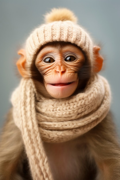 Free photo view of funny monkey with crochet hat