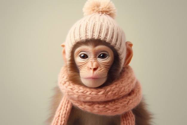 Вид смешной обезьяны с вязаной шляпой