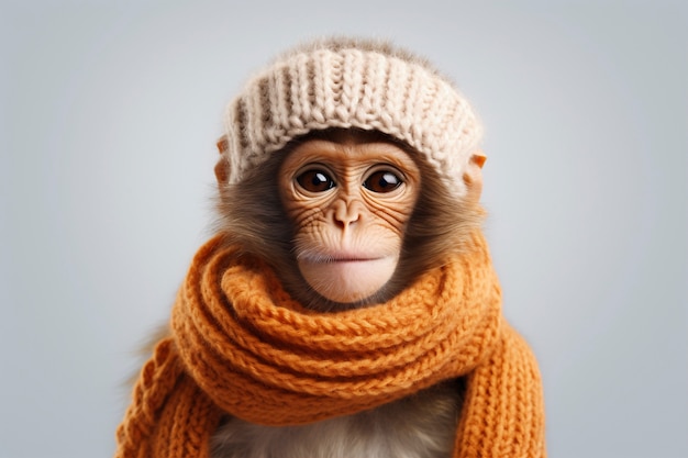 View of funny monkey with crochet hat