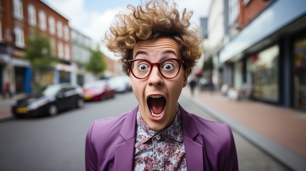 Free photo view of funny person on street with glasses