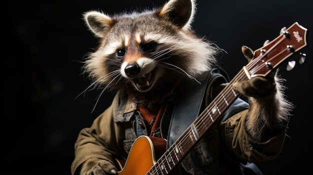 View of funny raccoon animal with guitar