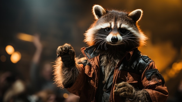 View of funny raccoon animal with leather jacket