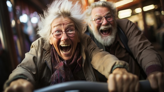 Free photo view of funny senior couple at the amusement park