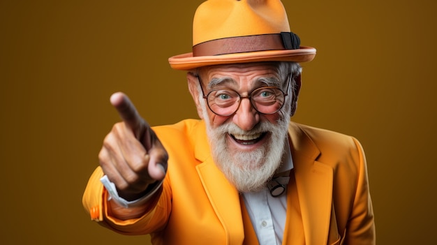 View of funny senior man pointing