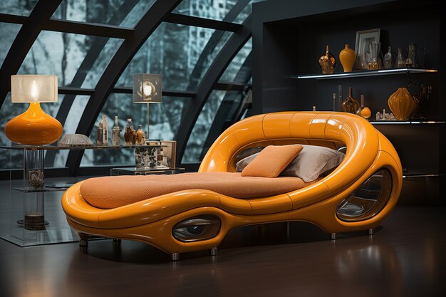 家具を備えた未来的な寝室の景色