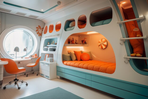 View of futuristic bedroom with furniture