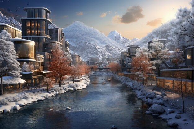 View of futuristic city in winter