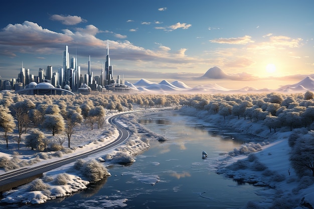 Вид на футуристический город зимой