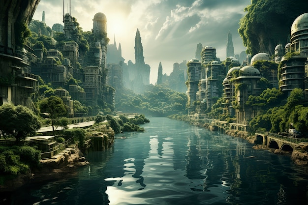 View of futuristic city with greenery and vegetation