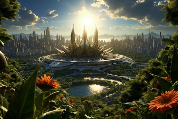 Free photo view of futuristic city with greenery and vegetation