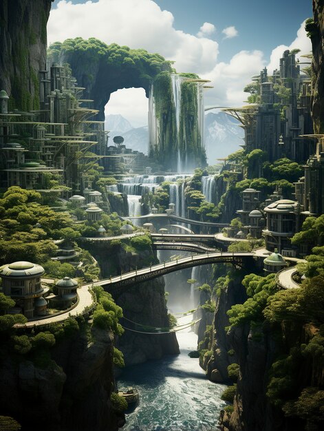 View of futuristic city with greenery and vegetation