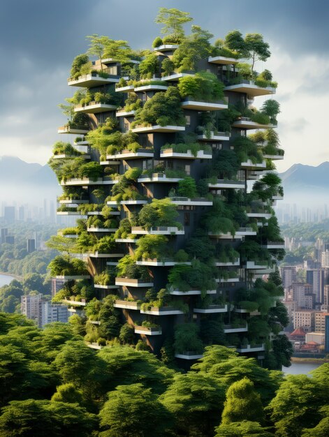 View of futuristic city with lots of vegetation and greenery