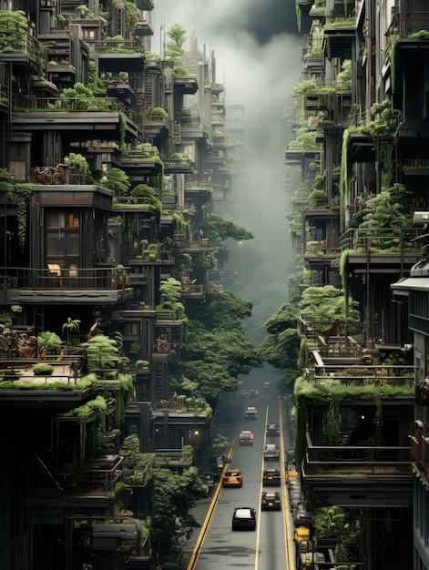 View of futuristic city with lots of vegetation and greenery