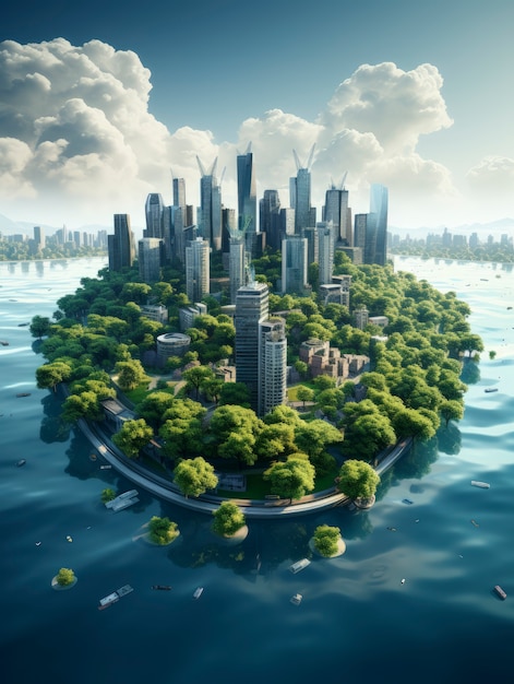 Free photo view of futuristic city with lots of vegetation and greenery