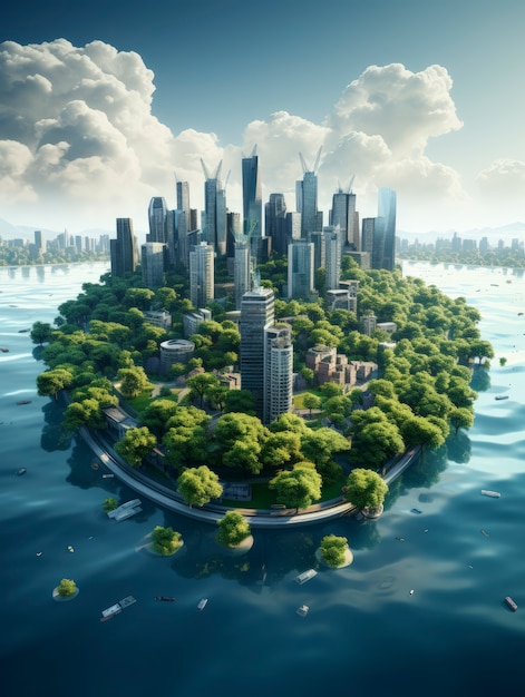 View of futuristic city with lots of vegetation and greenery
