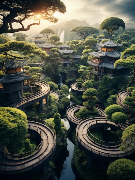 植生と緑の豊富な未来都市の景色