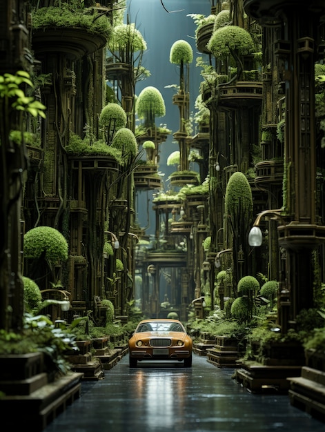 Free photo view of futuristic city with lots of vegetation and greenery