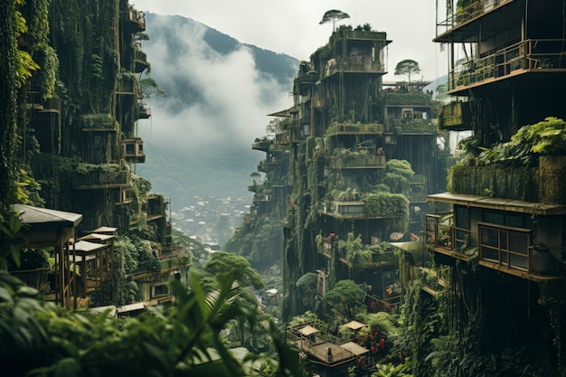 Foto gratuita vista della città futuristica con molta vegetazione e verde