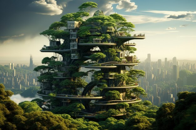 View of futuristic city with lots of vegetation and greenery