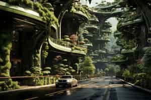 Free photo view of futuristic city with lots of vegetation and greenery