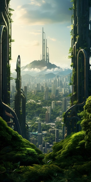 View of futuristic city with lots of vegetation and greenery