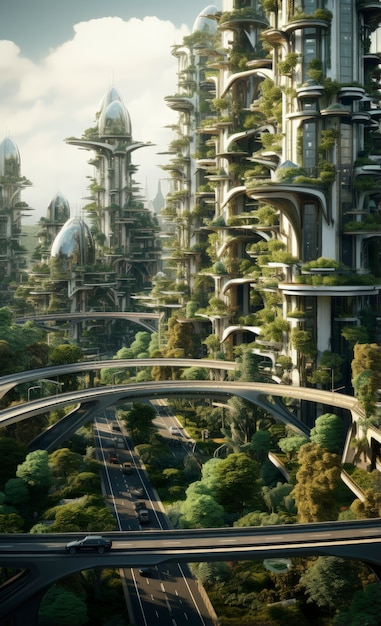 View of futuristic city with lots of vegetation and greenery