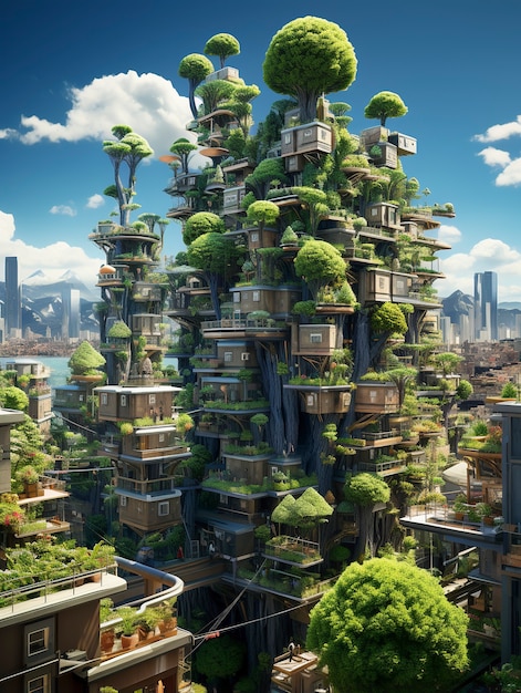 植生と緑の豊富な未来都市の景色
