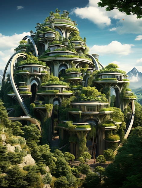 Free photo view of futuristic city with lots of vegetation and greenery