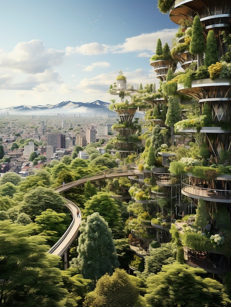 Free photo view of futuristic city with lots of vegetation and greenery