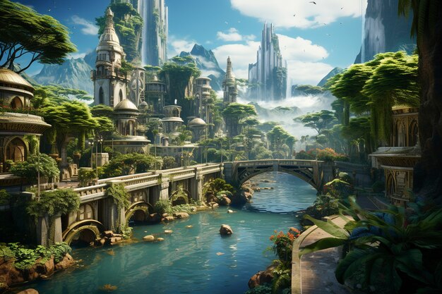 View of futuristic city with lots of vegetation and greenery