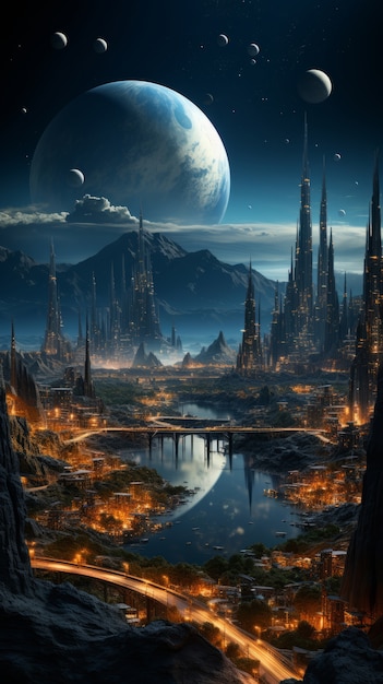 未来的な神秘的な他の世界の空の景色